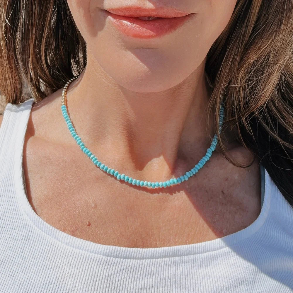STUNNING Turquoise Beaded Necklace Waterproof Gold Beads & Chain Summer Necklace